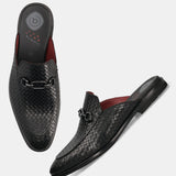 A black Men's bugatti Mules featuring a round toe apron toe, stacked heel. Made from premium genuine leather with a durable leather outsole, this slip-on design offers both style and comfort.