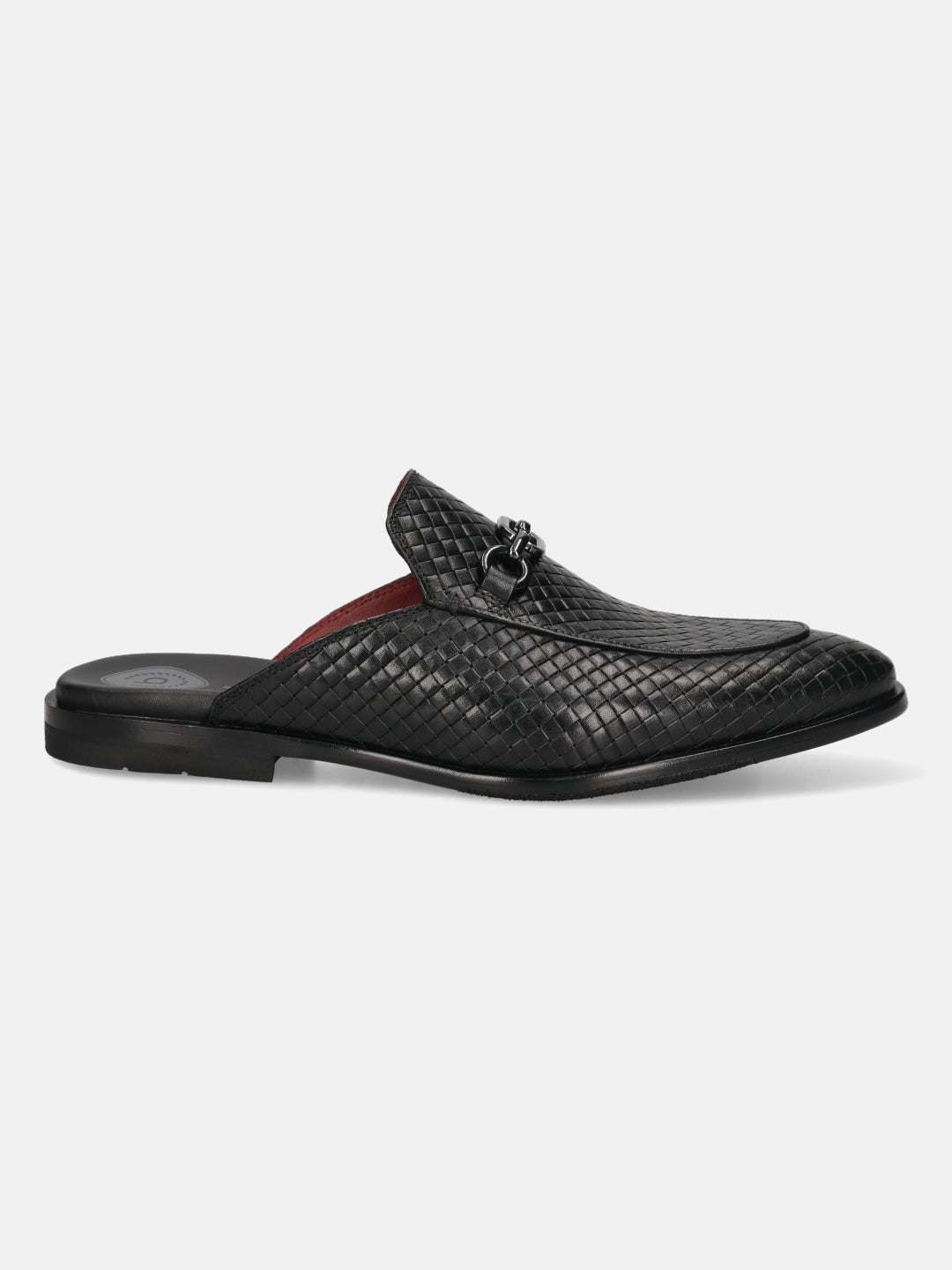 A black Men's bugatti Mules featuring a round toe apron toe, stacked heel. Made from premium genuine leather with a durable leather outsole, this slip-on design offers both style and comfort.