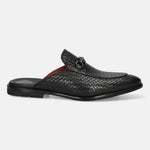 A black Men's bugatti Mules featuring a round toe apron toe, stacked heel. Made from premium genuine leather with a durable leather outsole, this slip-on design offers both style and comfort.