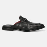 A black Men's bugatti Mules featuring a round toe apron toe, stacked heel. Made from premium genuine leather with a durable leather outsole, this slip-on design offers both style and comfort.