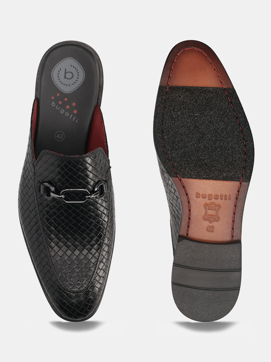 A black Men's bugatti Mules featuring a round toe apron toe, stacked heel. Made from premium genuine leather with a durable leather outsole, this slip-on design offers both style and comfort.