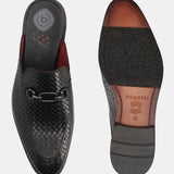 A black Men's bugatti Mules featuring a round toe apron toe, stacked heel. Made from premium genuine leather with a durable leather outsole, this slip-on design offers both style and comfort.