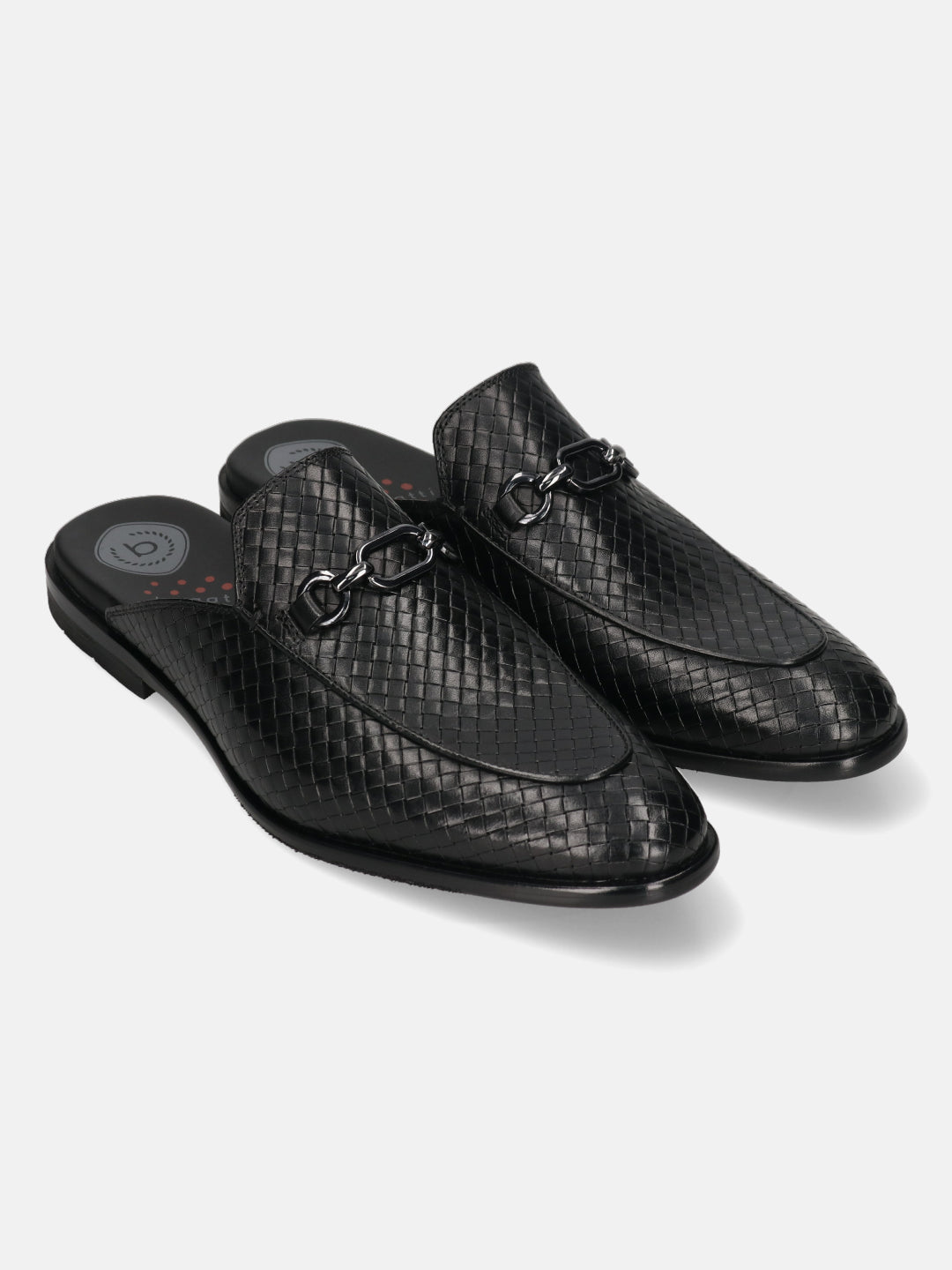 A black Men's bugatti Mules featuring a round toe apron toe, stacked heel. Made from premium genuine leather with a durable leather outsole, this slip-on design offers both style and comfort.