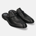 A black Men's bugatti Mules featuring a round toe apron toe, stacked heel. Made from premium genuine leather with a durable leather outsole, this slip-on design offers both style and comfort.