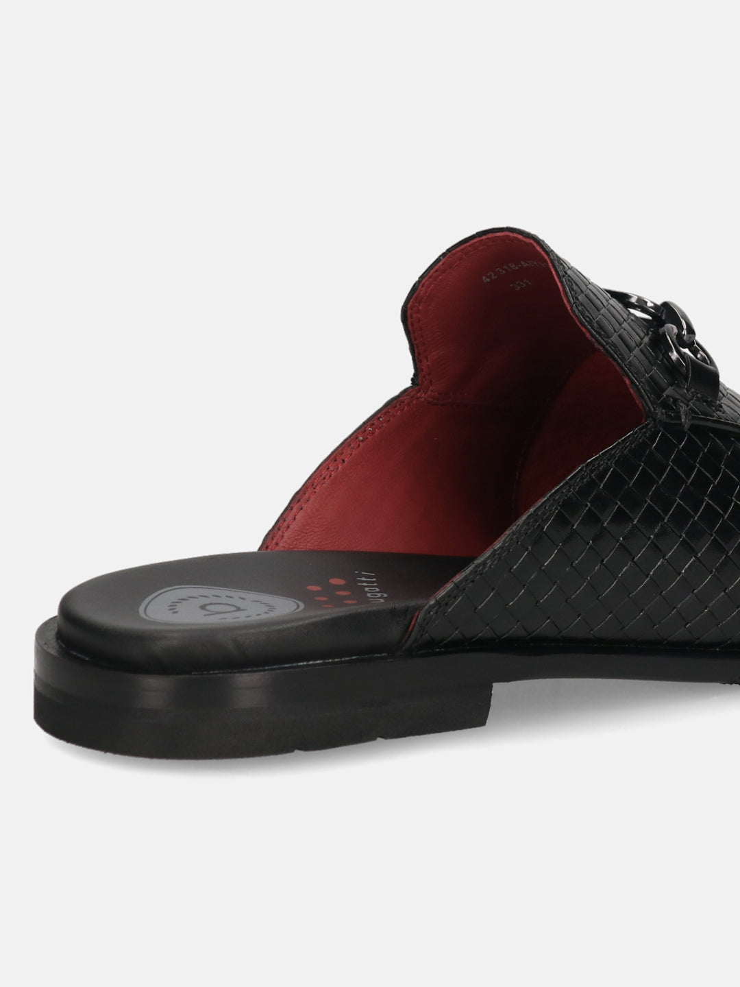 A black Men's bugatti Mules featuring a round toe apron toe, stacked heel. Made from premium genuine leather with a durable leather outsole, this slip-on design offers both style and comfort.