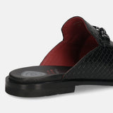 A black Men's bugatti Mules featuring a round toe apron toe, stacked heel. Made from premium genuine leather with a durable leather outsole, this slip-on design offers both style and comfort.