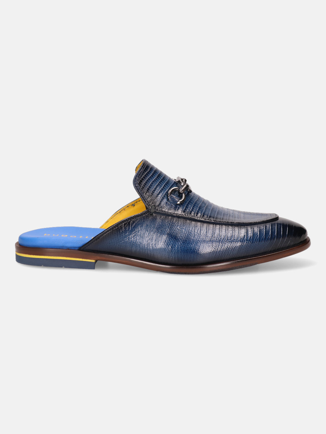 Blue leather slip-on shoe by bugatti with an alligator skin pattern and metal accents.