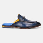 Blue leather slip-on shoe by bugatti with an alligator skin pattern and metal accents.