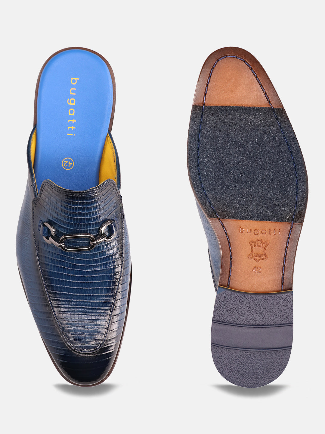 Blue leather slip-ons by bugatti with reptile texture and decorative chain detail, shown with sole view.