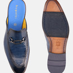 Blue leather slip-ons by bugatti with reptile texture and decorative chain detail, shown with sole view.