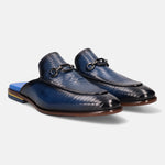 Blue leather slip-on shoe by Bugatti, with a reptile skin pattern and metal chain detail.