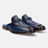 Blue leather slip-on shoe by Bugatti, with a reptile skin pattern and metal chain detail.