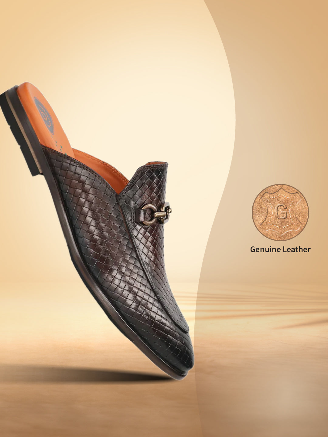 Brown leather slip-on shoe by bugatti, featuring a basketweave pattern and a metal buckle accent.