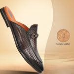 Brown leather slip-on shoe by bugatti, featuring a basketweave pattern and a metal buckle accent.