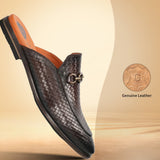 Brown leather slip-on shoe by bugatti, featuring a basketweave pattern and a metal buckle accent.