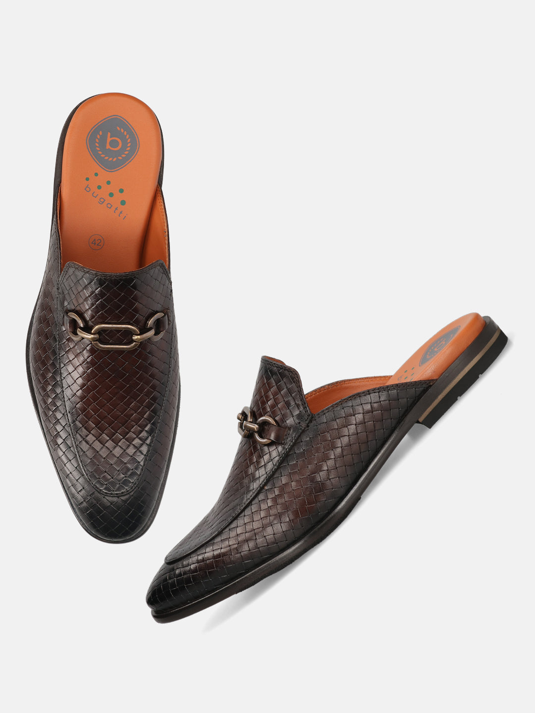 Brown leather slip-on shoe by bugatti with a woven texture and bronze-toned hardware detail.