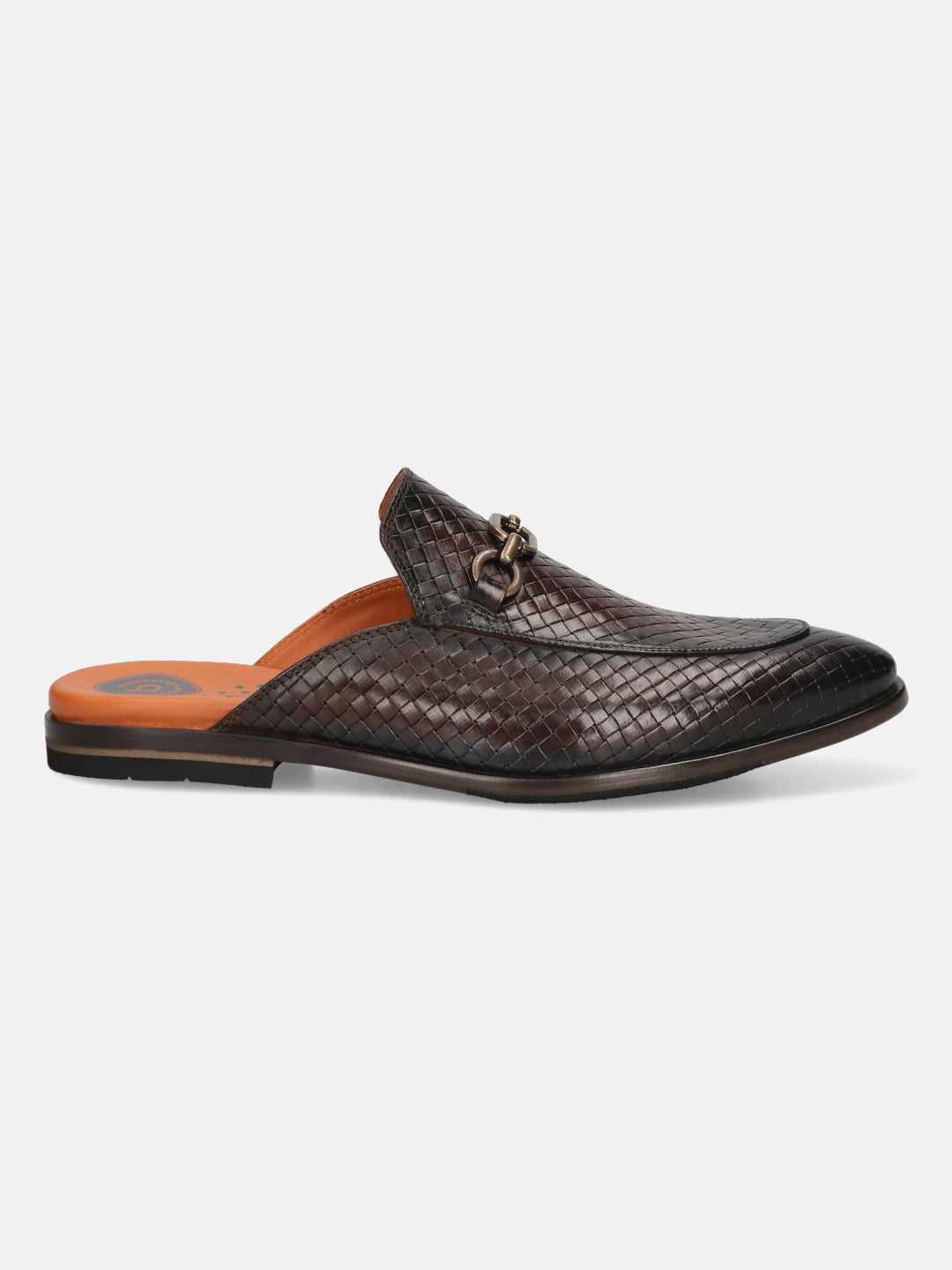 Brown leather slip-on shoe by bugatti, featuring a woven pattern and metallic embellishment.