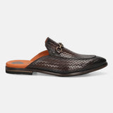 Brown leather slip-on shoe by bugatti, featuring a woven pattern and metallic embellishment.