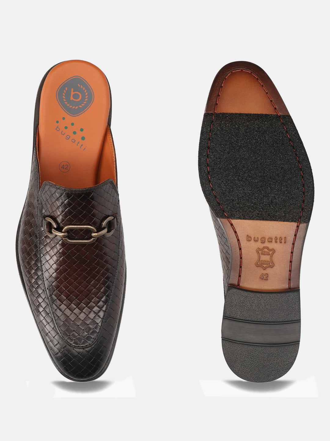 Brown leather slip-on shoe by Bugatti with a woven pattern and decorative metal chain.