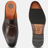 Brown leather slip-on shoe by Bugatti with a woven pattern and decorative metal chain.