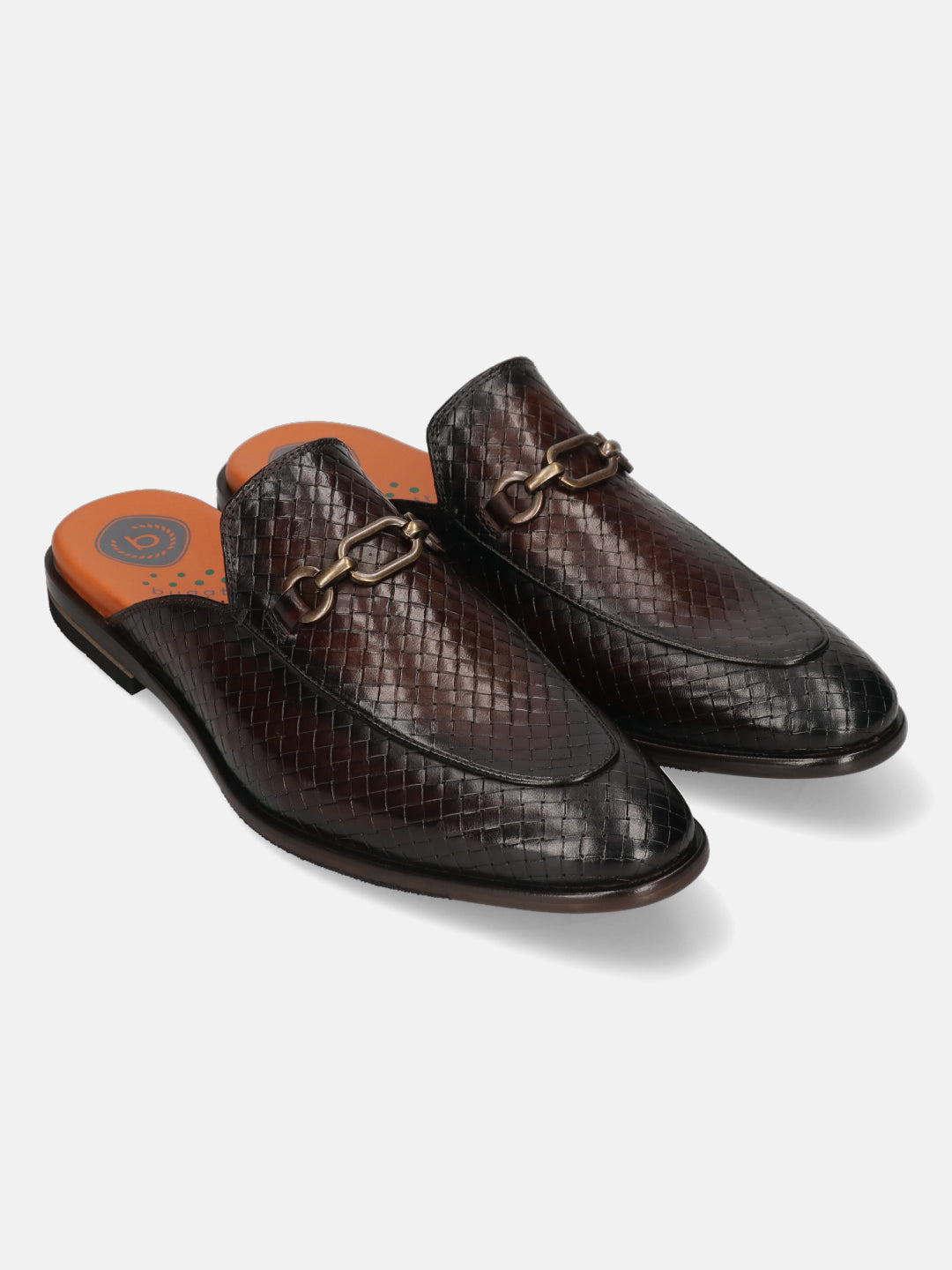 Brown leather slip-on shoes by bugatti with woven texture and decorative chain detail.