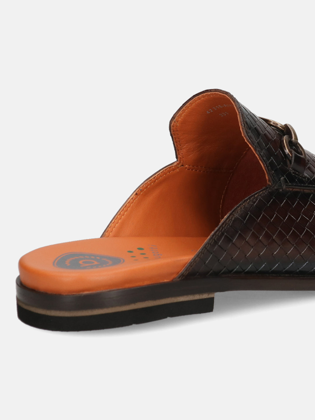 Brown leather slip-on shoe by Bugatti, showing a woven texture and orange insole.