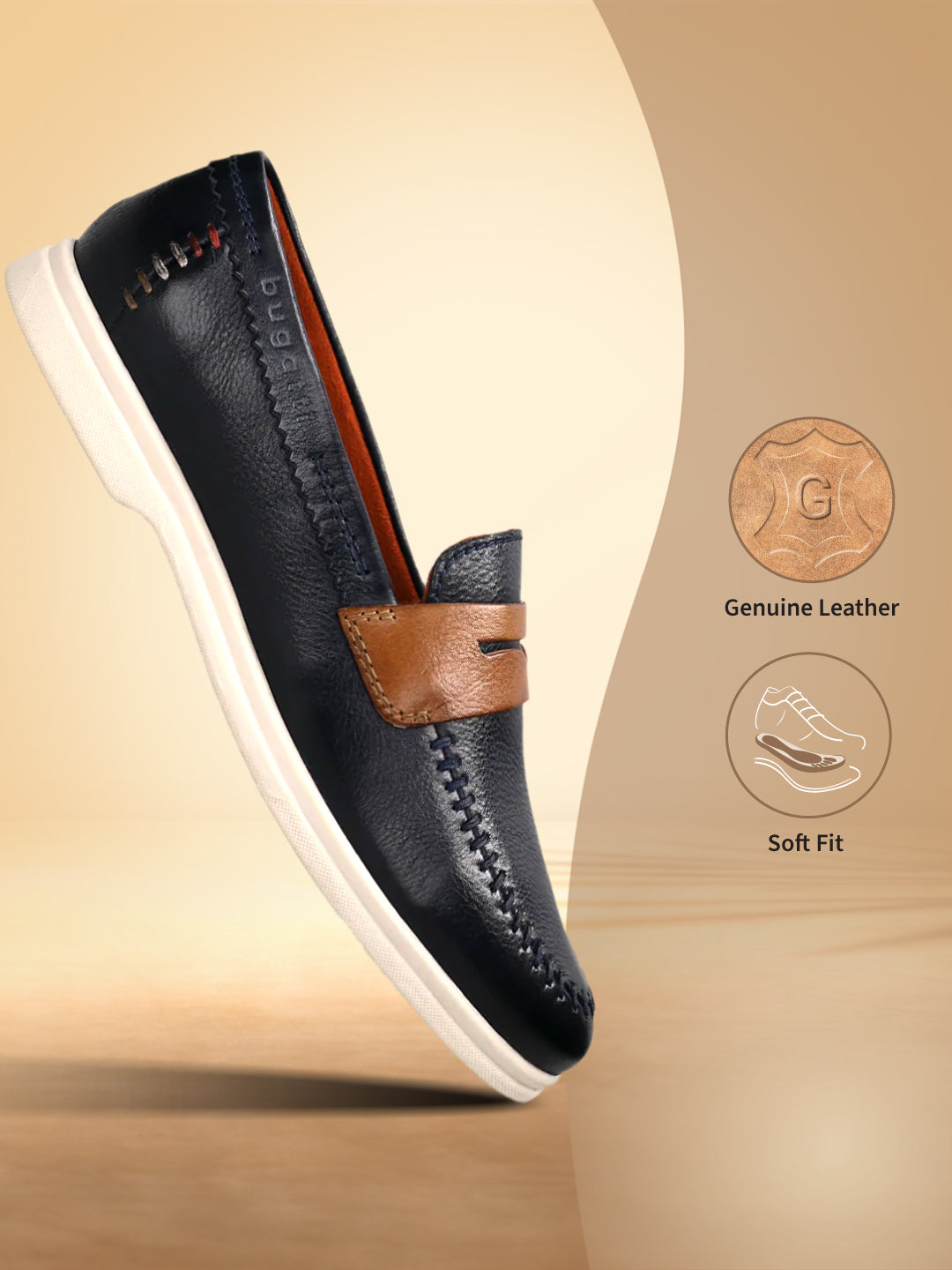 Bugatti Sandiago dark blue leather slip-on shoe with brown accent strap and white sole.
