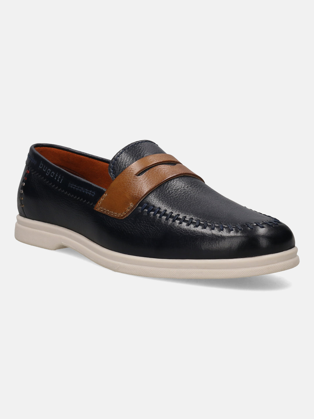 Dark blue leather loafer by Bugatti, featuring a tan leather strap and decorative stitching.