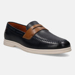 Dark blue leather loafer by Bugatti, featuring a tan leather strap and decorative stitching.