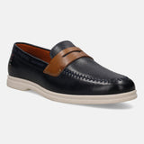 Dark blue leather loafer by Bugatti, featuring a tan leather strap and decorative stitching.