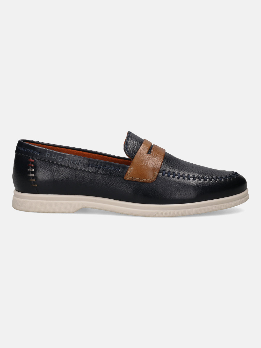 Dark blue leather loafer by bugatti, with brown saddle strap and stitched detailing, in a side view.