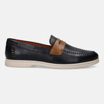 Dark blue leather loafer by bugatti, with brown saddle strap and stitched detailing, in a side view.