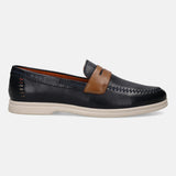 Dark blue leather loafer by bugatti, with brown saddle strap and stitched detailing, in a side view.