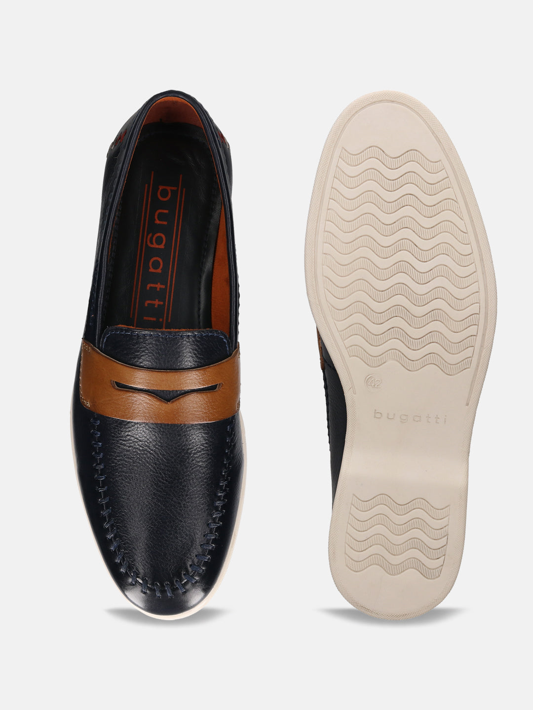 Dark blue leather slip-on shoes by bugatti with brown accents, featuring white stitching and textured soles.