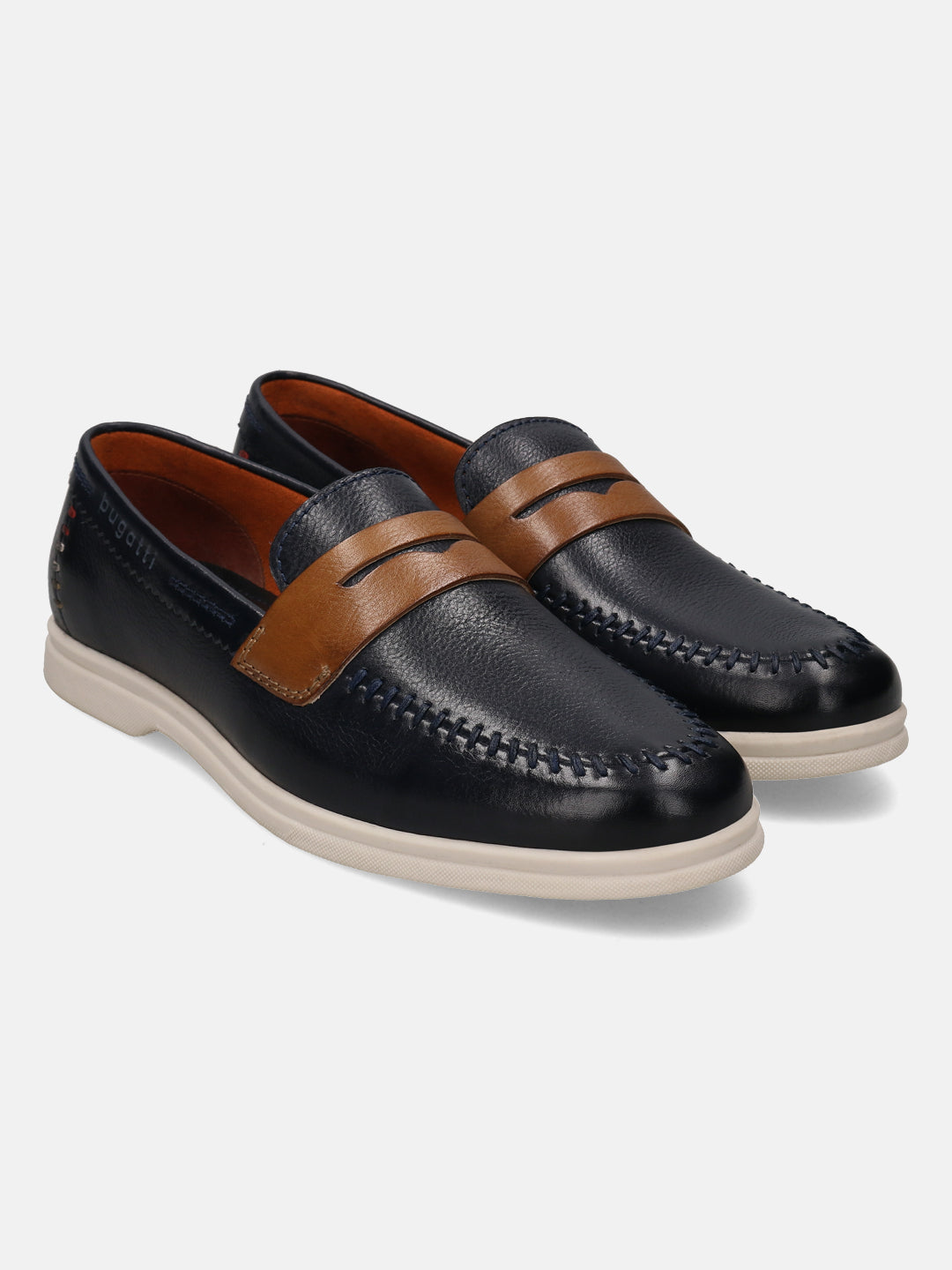 Blue leather slip-on shoes by bugatti, featuring a brown leather strap and white soles.