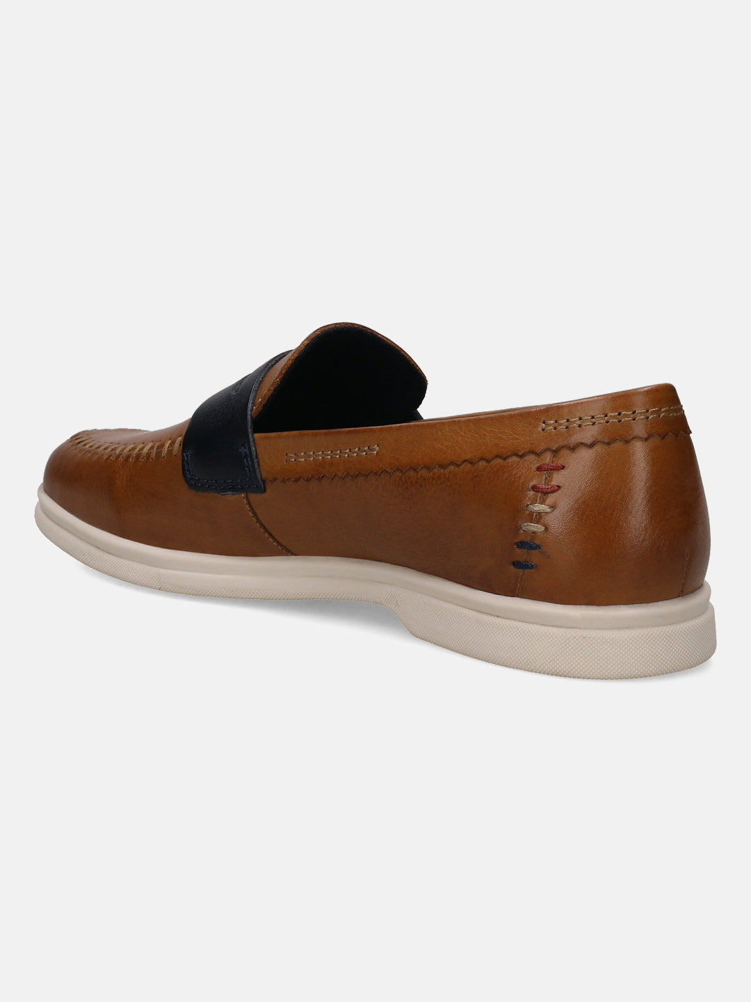 Brown leather slip-on shoe by bugatti with stitched details and a contrasting blue accent.
