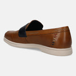 Brown leather slip-on shoe by bugatti with stitched details and a contrasting blue accent.