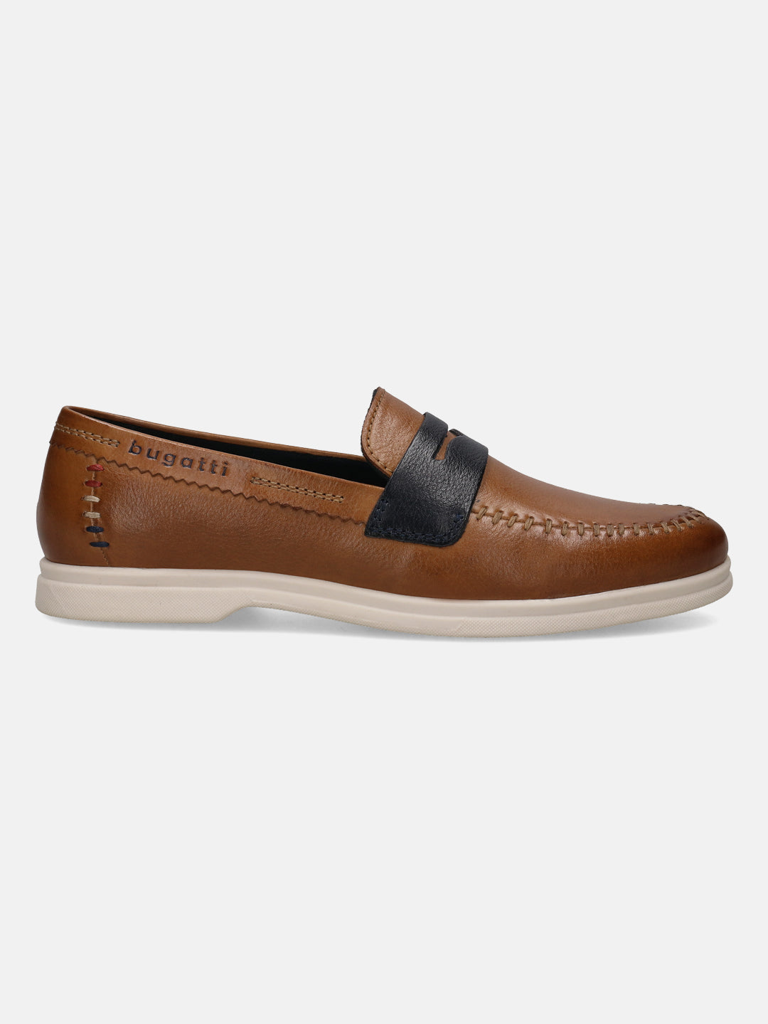 Cognac leather loafer by bugatti with a dark blue strap, and decorative stitching.