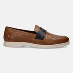Cognac leather loafer by bugatti with a dark blue strap, and decorative stitching.