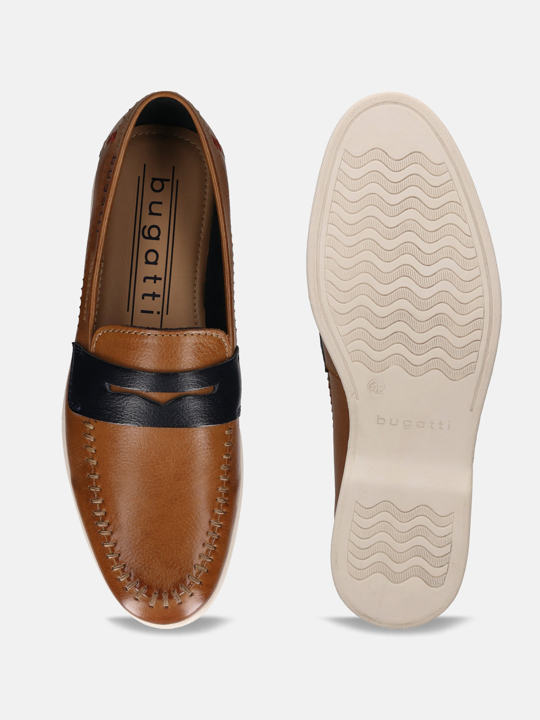 Cognac leather slip-on shoe by bugatti with a black strap, visible stitching, and ridged outsole.