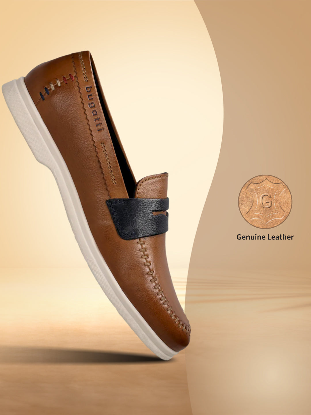 bugatti cognac brown leather slip-on shoe with black strap and white sole.
