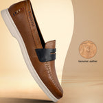 bugatti cognac brown leather slip-on shoe with black strap and white sole.
