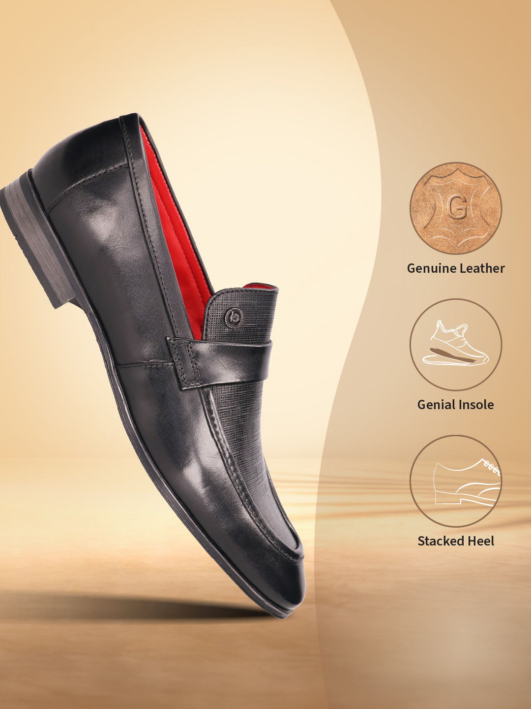 Black leather penny loafer by bugatti with a textured vamp and a red interior.