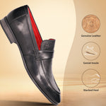 Black leather penny loafer by bugatti with a textured vamp and a red interior.
