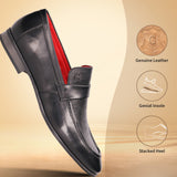 Black leather penny loafer by bugatti with a textured vamp and a red interior.