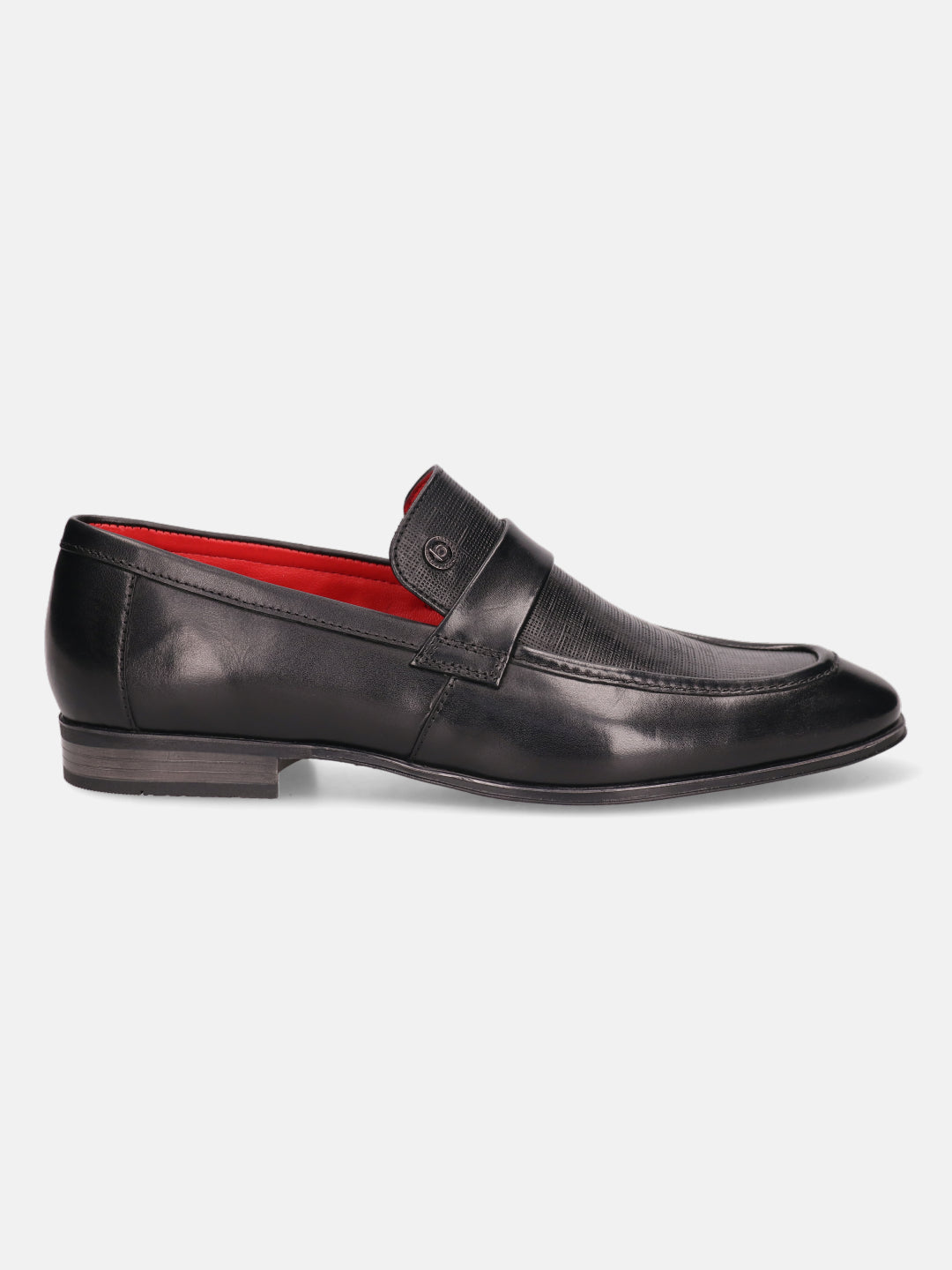 Black leather loafer by bugatti with red lining, featuring a textured vamp and a decorative strap.