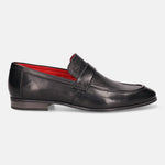 Black leather loafer by bugatti with red lining, featuring a textured vamp and a decorative strap.