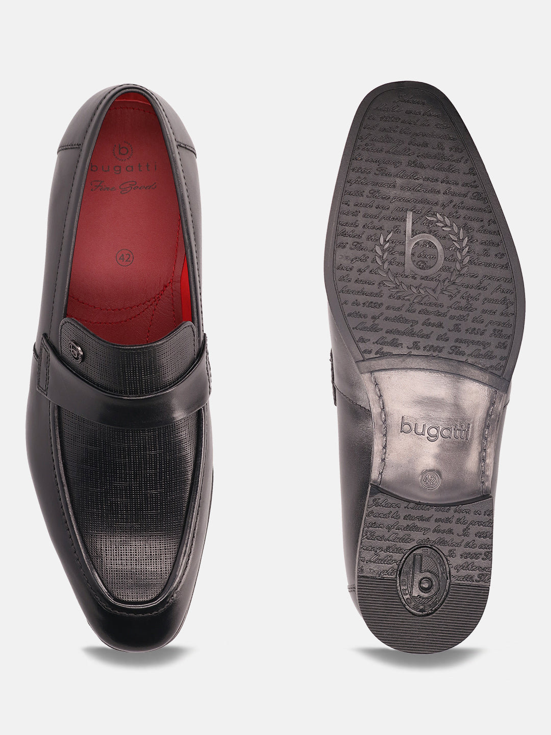Black leather penny loafers by bugatti with decorative grid-textured panel and imprinted soles.