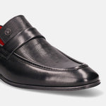 Black leather penny loafer by Bugatti, featuring a textured design and a sleek silhouette.