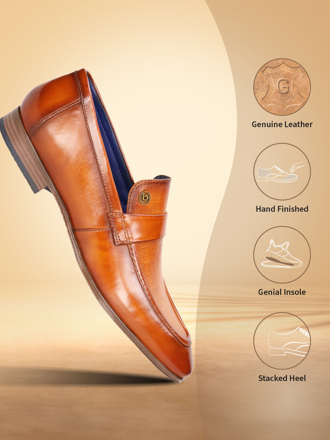 Yellow leather penny loafer by bugatti with a textured saddle strap and stacked heel.